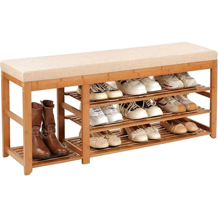 47.2 in Shoe Rack Bench with Cushion, 3 Tier Bamboo Entryway Bench with Storage for Entryway, Hallway, Bedroom, Living Room