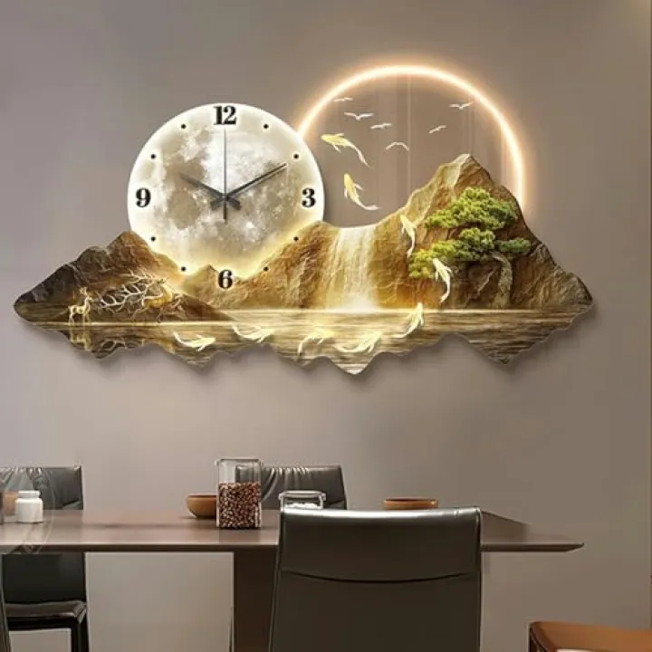 XENITE Wall Sculptures Painting 3D Wall Art Decor, Modern Living Room Restaurant Panoramic Landscape Wall Paintings with Clock，led Light Hang Pictures, Home Decorations Wall Decor ，for Office/Hotel/1