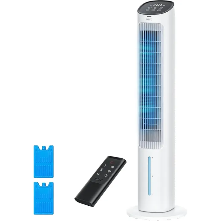 Dreo Evaporative Air Cooler, 40” Standing Fans that Blow Cold Air, 80° Oscillating Bladeless Cooling Fan for Bedroom, Swamp Cooler, Removable Water Tank, Ice Pack, Remote, 3 Mode 4-Speed, White