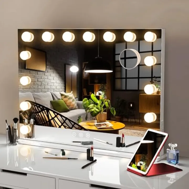 HTLOTUS Hollywood Vanity Table Mirror with Lights, 15 LEB Bulbs 3 Color Lighted Makeup Mirror with 10X Magnification Miroor, Tabletop or Wall-Mounted, Touch Control Mirror, 22 * 18 * 4 Inch