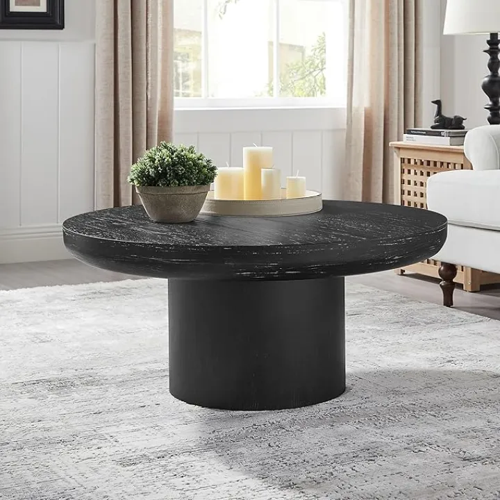 LUMISOL Round Coffee Table with Cylindrical Leg and Wooden Veneer Tabletop, 35.98” Circle Sofa Side Table for Living Room, Office, Apartment, Black