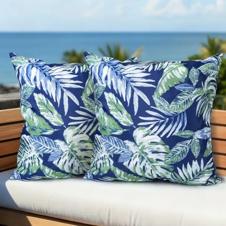 AELS Outdoor Pillow Covers 20x20 Inch, Waterproof Decorative Pillow Covers Pack of 2, Water-Resistant Pillow Case for Patio Furniture Tent Garden, Blue Green Tropical Leaves, Cover ONLY