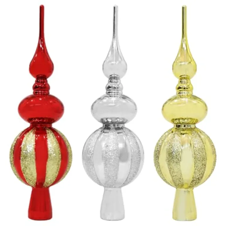 LUOZZY 3pcs Christmas Tree Toppers Glitter Xmas Tree Finials Ornaments Holiday Tree Toppers for Christmas Tree Festival Party Decor - Red Gold Silver
