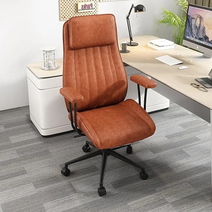 Plus Size Leather Desk Chair, Vintage Executive Office Chair with Wheels and Arms, Height Adjustable Mid Century Desk Chair (Brown)