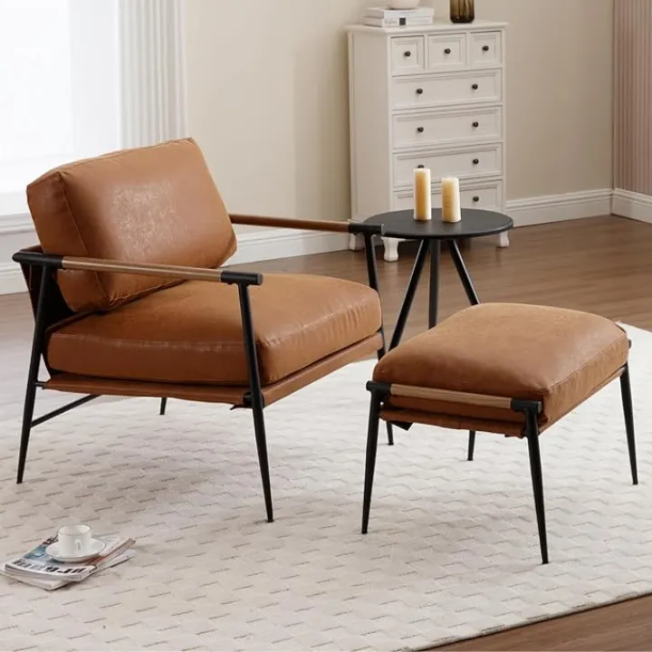 DUOMAY Mid Century Modern Accent Chair with Ottoman Set, PU Brown Upholstered Living Room Chair with Metal Legs Lazy Lounge Chair Set with Footrest for Bedroom Living Room
