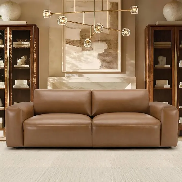 COLAMY 95" Oversized PU Leather Sofa, Comfy Sofa Couch with Extra Deep Seats, Wide Arm, Down Filled 3-Seater Sofa for Living Room, Apartment Lounge-Brown