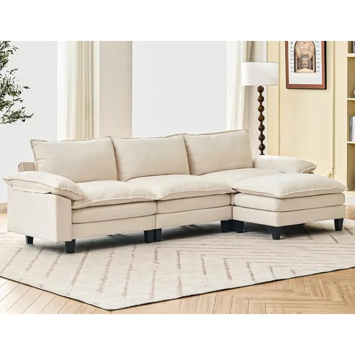 Txtin's 118" 3 Seat Cloud Couches for Living Room, L-Shape Sectional Couch with Ottoman, Modular Sectional Sofa for Apartment, Beige