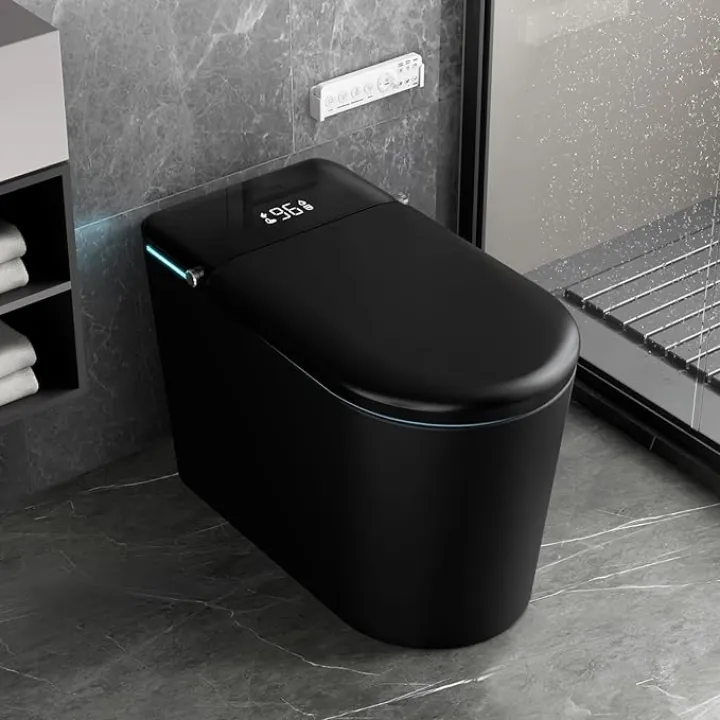 Black Smart Toilet with Bidet Built in, Dual Auto Power Flush, Auto Open & Close, Foot Sensor Operation, Modern Elongated Toilets with Warm Water, Built-in Aroma System, Japanese Toilets