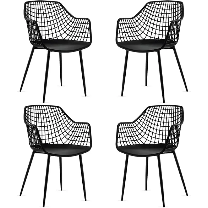 GOFLAME Dining Chairs Set of 4, Plastic Kitchen Chairs with Metal Legs, Hollowed Backrest and Curved Seat, Modern Accent Chairs, Armless Side Chairs for Living Room, Dining Room, Bedroom, Black
