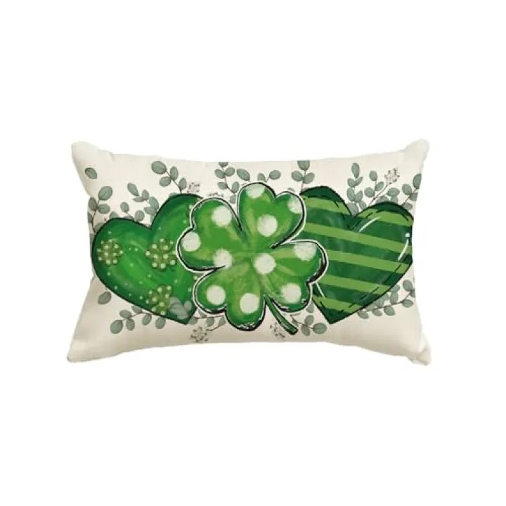 AVOIN colorlife St Patricks Day Lucky Clover Heart Eucalyptus Leaves Throw Pillow Cover, 12 x 20 Inch Shamrock Cushion Case Decoration for Sofa Couch