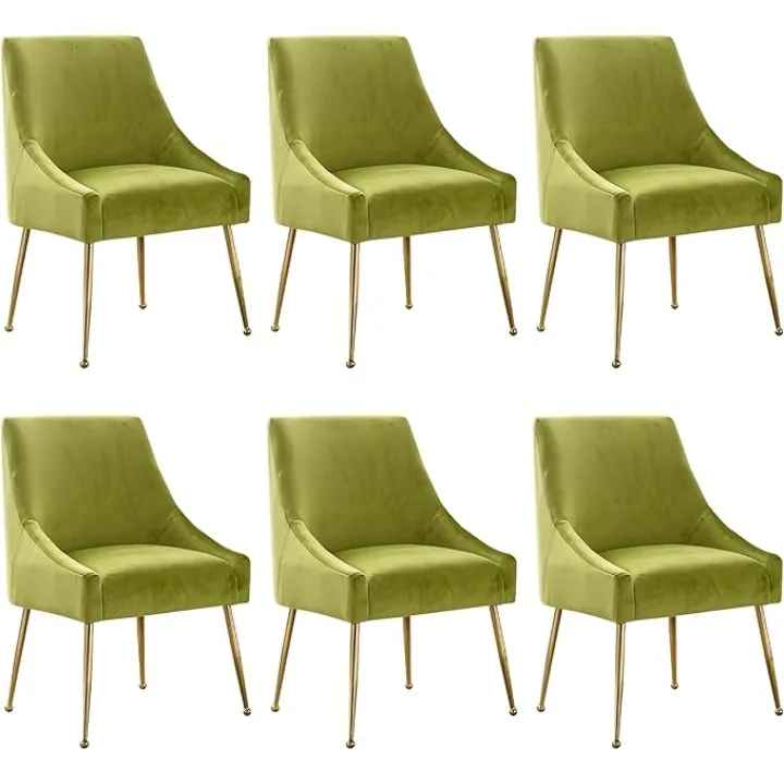 Modern Velvet Dining Chairs Set of 6, Contemporary Upholstered Furniture Collection with Polished Gold Metal Legs, Elegant Accent Chairs for Kitchen Living Room(Yellow Green)