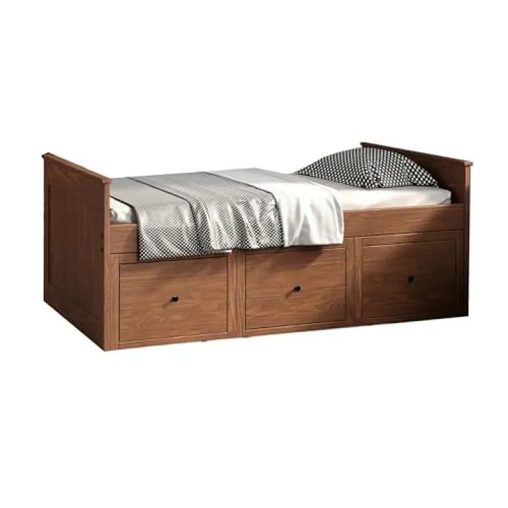 Benzara Mari Twin Captain Bed with Drawers, Brazilian Pine, Wood, Mahogany Brown and Black