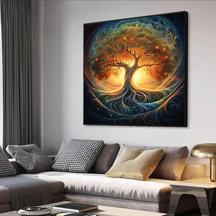 Yggdrasil Canvas Wall Art, Tree of Life Wall Art, Ethereal Tree of Life Canvas Print, Tree of Life Poster, Mystical Wall Art, Norse Mythology Wall Art, Psychedelic Decor, Wall Decor for Bedroom (Black Framed, 19"x19"|47x47cm)