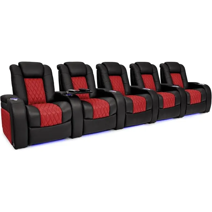 Seatcraft Diamante - Home Theater Seating - Living Room - Power Recline - Italian Leather - Powered Headrests - Cupholders - USB Charging - Ambient Lighting - Arm Storage, Black/Red, Row of 5