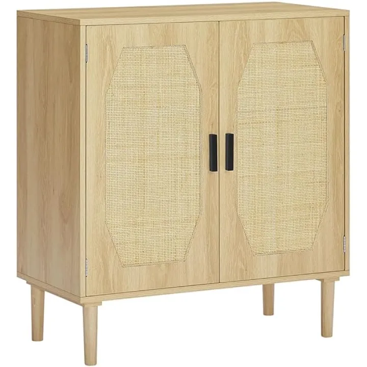 Sideboard Buffet Cabinet with Rattan Doors, Boho Large Kitchen Storage Cabinet with Solid Wood Feet and Adjustable Shelves, Accent Cabinet Cupboard Console Table for Dining Room Hallway