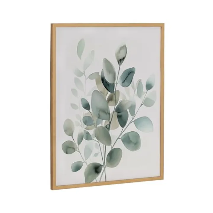 Kate and Laurel Modern Minimalist Botanical Watercolor in Muted Teal Framed Wall Art by The Creative Bunch Studio; 16x20 Gold; Soft Eucalyptus Plant Art for Wall