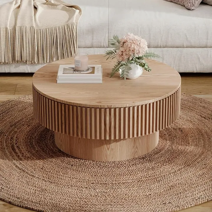 Round Coffee Table with Storage, 31.5" Modern Solid Wood Veneered Drum Coffee Table Circle Wood Table Side Table End Table Accent Center Table for Living Room, Small Space, Apartment, Oak