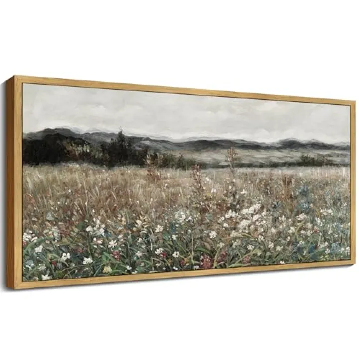 KUVIOKE Vintage Landscape Framed Wall Art 20x40in Large Meadow Sea of Flower Field Wall Prints Classic Retro Farmhouse Rustic Decorations for Living Room Bedroom (Natural Framed)