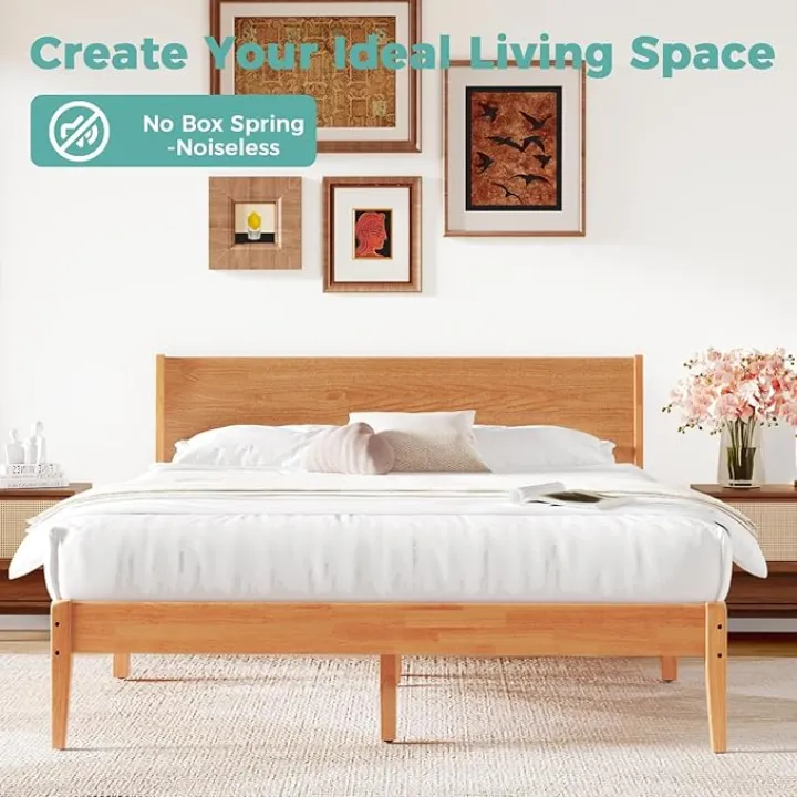 Queen Bed Frame with Headboard, Malaysian Oak Queen Bed Frame No Box Spring Needed, Farmhouse Platform Bed Frame with 12 Slats Support, Easy Assembly, Queen Size, Rustic Pine