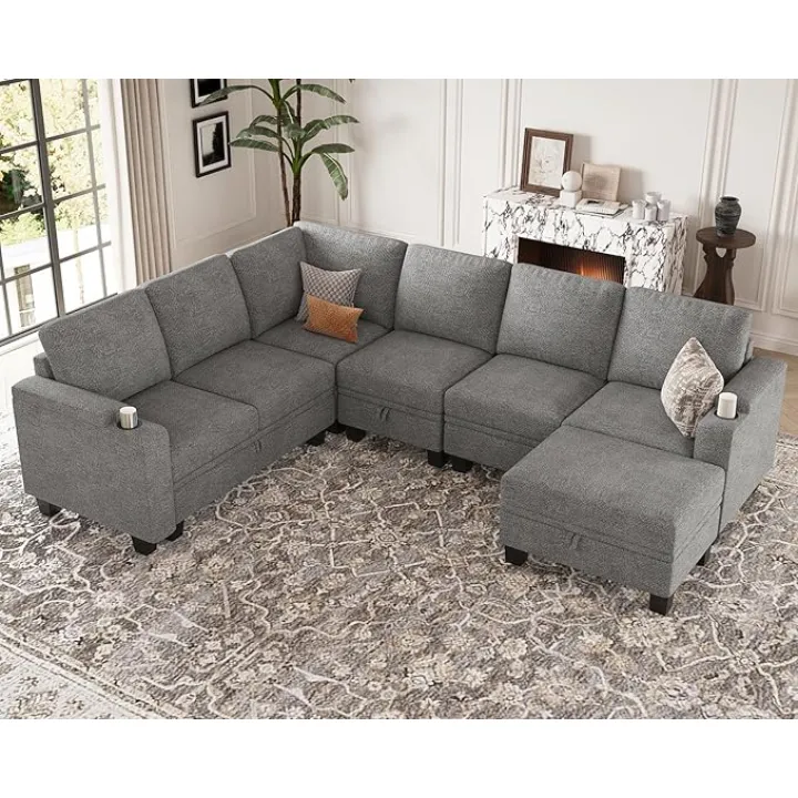 Belffin Chenille Modular Sectional Sofa Convertible L Shaped Corner Couches for Living Room with Storage Armrest with Cup Holder Light Grey Couch