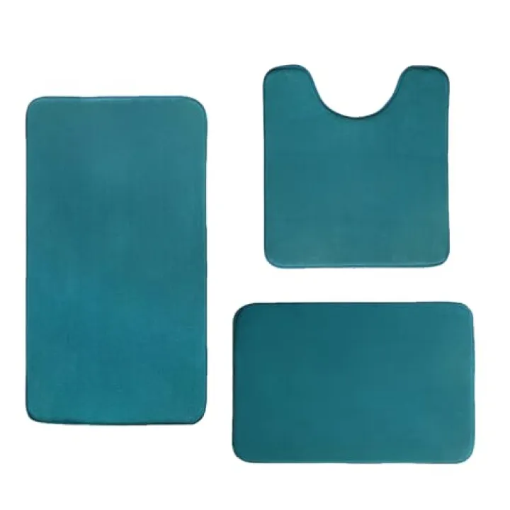 Madeals Memory Foam Bathroom Mat Set 3 Piece Bathroom Contour Rugs Combo, Soft Shaggy 2 Piece Bath Shower Mat and U-Shaped Toilet Floor Rug Teal Blue