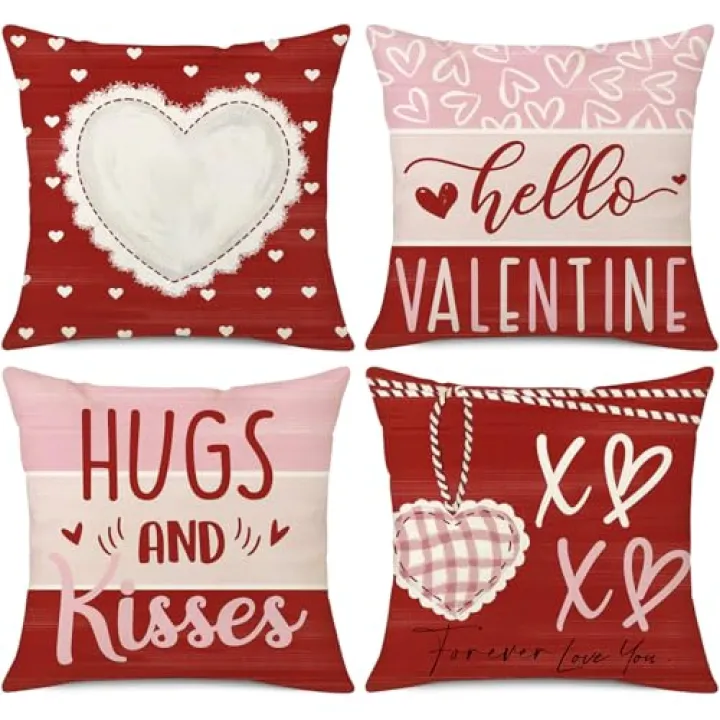 NIGHTWISH Valentine's Day Pillow Covers 18x18 Set of 4 Hugs and Kisses Hello Valentines Day Decorations XOXO Love Heart Wedding Throw Cushion Case for Sofa Couch