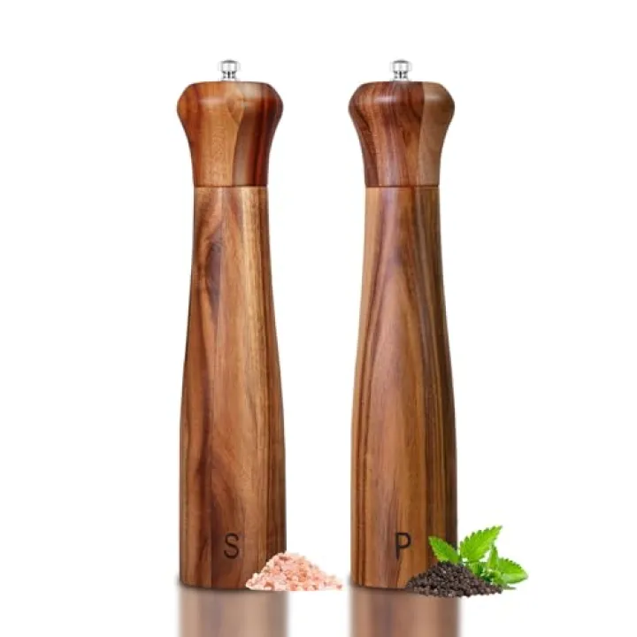 2 Pack 10 Inch Acacia Wooden Salt and Pepper Grinder Set, Manual Salt and Pepper Mills, Salt Grinder Refillable with Adjustable Coarseness, Ceramic/Stainless Steel Core Tableware Gifts