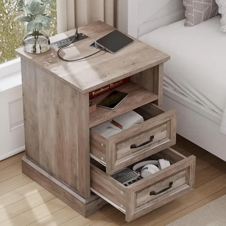 HOMMPA 18'' Farmhouse Nightstand with Charging Station, Bedside Tables with Drawer, Side Table with Open Shelf, 2 Drawers End Table Dresser for Bedroom, Greige Wooden Nightstand