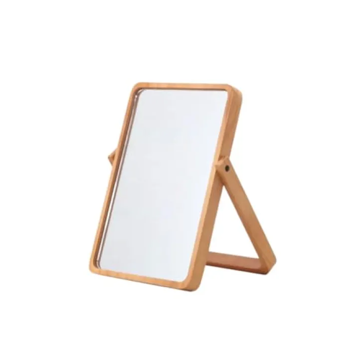 IWOWHERO Wooden Hd Makeup Mirror Touch-Sensitive Lighted Square Personal Mirror for Bathroom Vanity