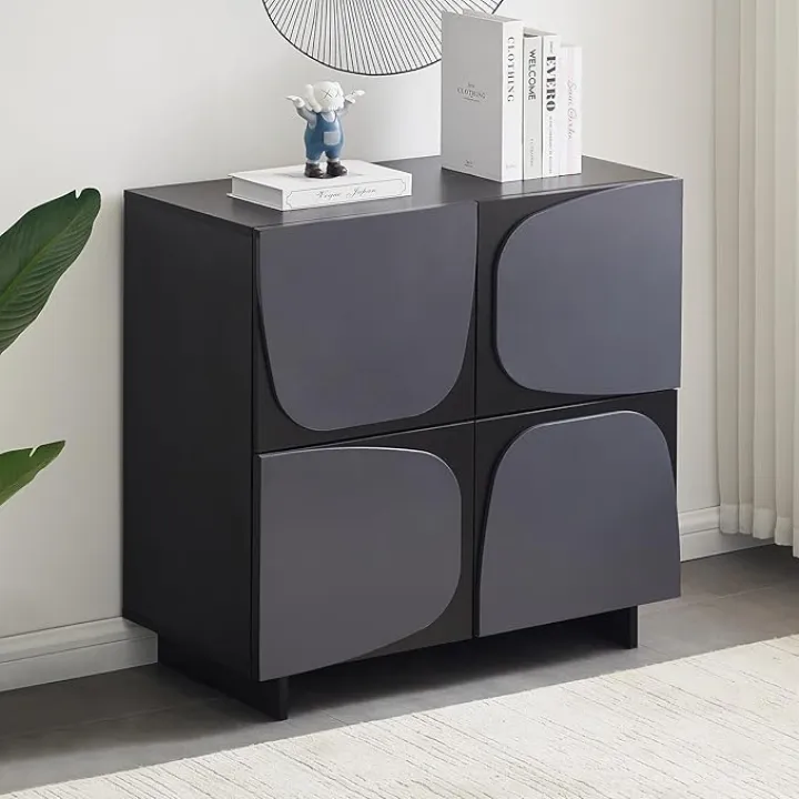 Modern Storage Cabinet with 4 Doors, Unique Design Accent Console Cabinet, Buffet Cabinet with Door Rebound Device for Living Room, Dining Room, Hallway (Black-Gray)