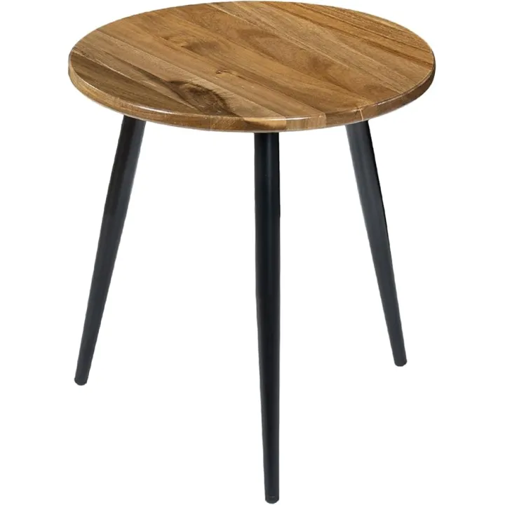 MyGift 20.5 Inch Mid Century Round End Table, Premium Acacia Solid Wood Accent Side Table with Black Metal Tapered Legs
