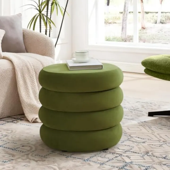 Flouki 20.1" Storage Ottoman Round, Vanity Stools for Bedroom, Velvet Pouf Ottoman with Removable Lid, Modern Ottomam Stool for Girls Women, Foot Stool for Living Room, Green