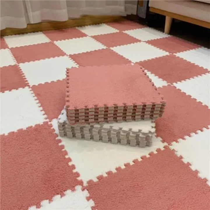 12x12x0.4in Thickened Square Carpet Tiles, Plush Foam Floor Tiles Play Mat, Fluffy Floor Mat for Home Dec(Bean Paste Red+White,50PCS)