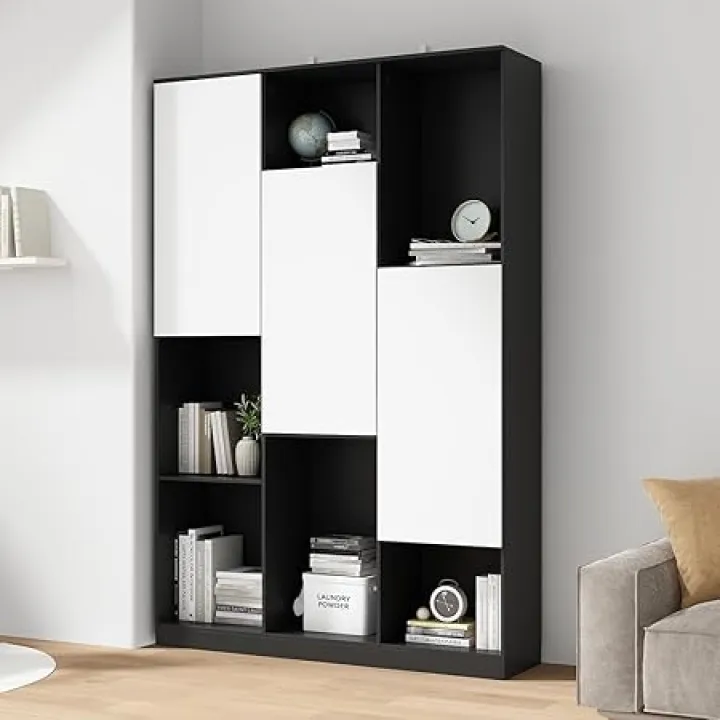 Cubeical Bookshelf Storage Cabinet, Modular Display Cabinet with 12 Cubes, 70.9" H Modern Bookcase with Adjustable Door for Home Office Living Room, Black & White