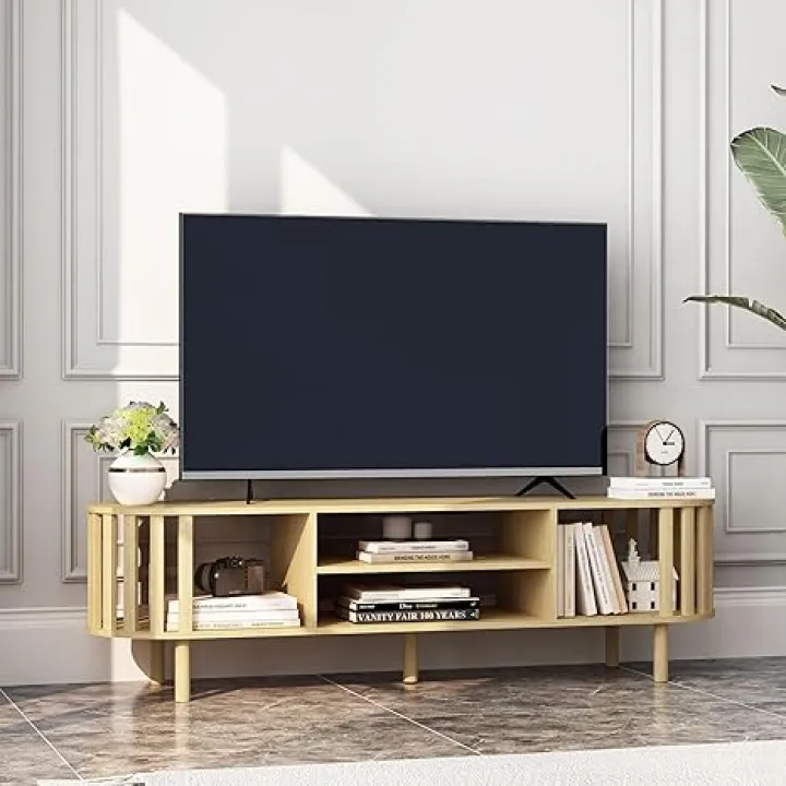 Mid Century Modern TV Stand for TV's up to 70", Curved Profile Design Media Console, 3-Tier Entertainment Center TV Console with Storage Shelves for Living Room Bedroom(Natural)