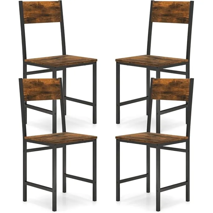 Giantex Dining Chairs Set of 4, Industrial Kitchen Chairs with Metal Legs, Slanted Back, Rustic Wood Grain, Armless Side Chairs for Dining Room, Restaurant, Living Room, Rustic Brown & Black