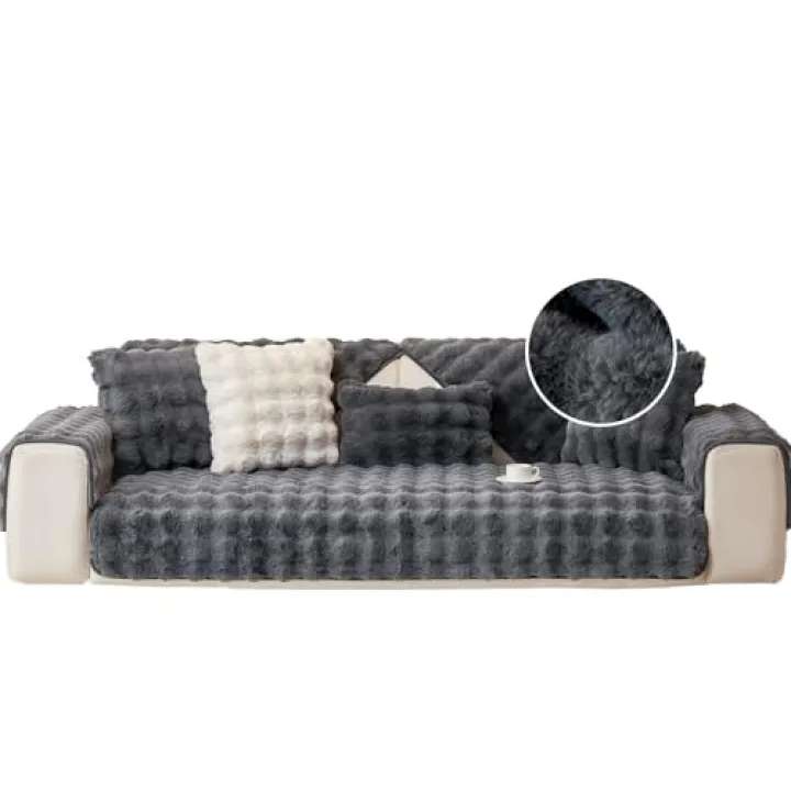 GWXYLK Faux Fur Couch Cover, Soft Warm Plush Sofa Couch Cover, L Shaped Armrest Backrest Cover, Washable, Anti Slip, Dark Gray, 70 x 70CM