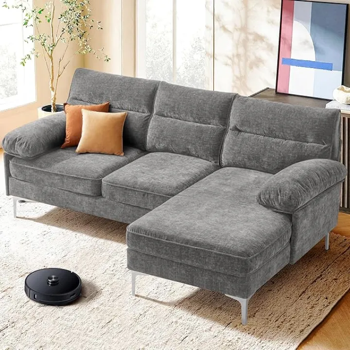 Ihanherry Convertible Sectional Sofa, 85' 3 Seat L-Shaped Modern Chenille Fabric Modular Sofa, Reversible Wide Chaise & Fluffy Armrests, Grey