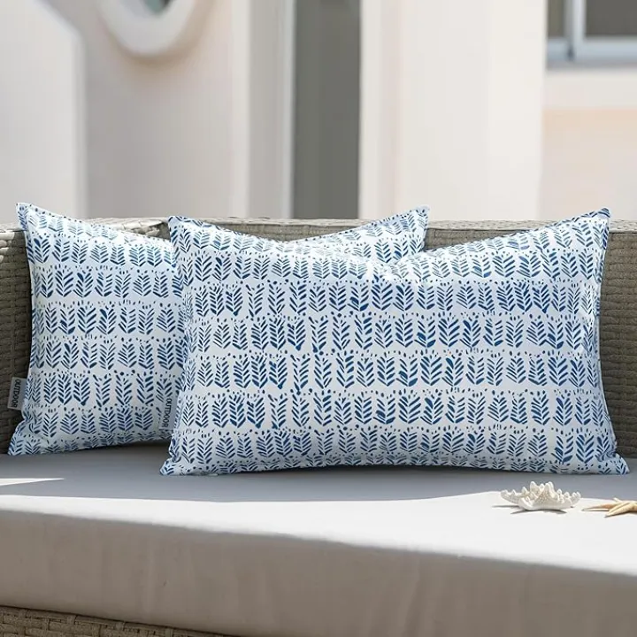 MIULEE Outdoor Set of 2 Patio Lumbar Pillows, 12”x 20” Fade Resistant Outdoor Lumbar Pillow with Inserts, Fluffy Decorative Garden Waterproof Cushions for Home Patio Coach Sofa Use, Royal Blue