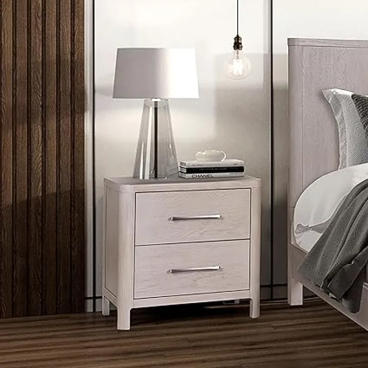 Furniture of America Fielden Modern Solid Wood 26-inch 2-Drawer Nightstand with USB Ports, Cedar Bottom Drawer, Pewter Handle, No Assembly Required for Bedroom, Guest Room, Oak