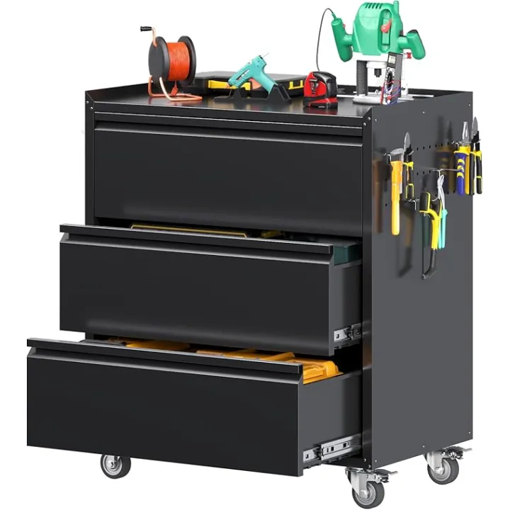 Black Tool Cart with Pegboard and 4 Hooks,Garage Storage Cabinet on Wheels with 2 Drawer,Industrial Service Utility Tool Cart for Mechanics, Garage, Workshop