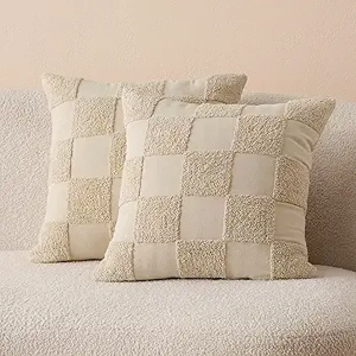 Double Stitch Checkered Throw Pillow Covers - 100% Cotton Set of 2 Tufted Boho Decorative Pillow Covers 20x20, Made in India, Square Cushion Case, Modern Home Decor for Couch, Sofa, Living Room, Oat