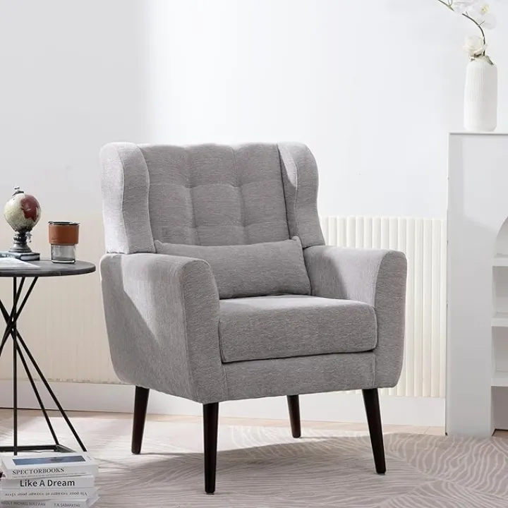 Accent Chair, Comfy Upholstered Living Room Chairs with High Tufted Backrest and Pillow, Wingback Reading Chair with Solid Wood Legs for Bedroom/Office, Chenille Fabric, Grey