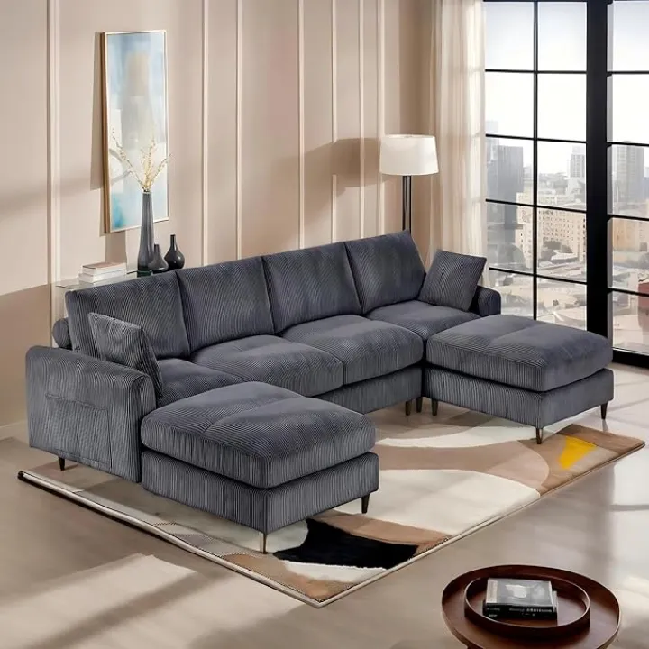 122"U-Shaped Modular Sectional Sofa,Modern Corduroy Modular Sofa Set with Movable Chaise,Pillows,6 Seat Convertible Oversized Sectional Couches for Living Room Apartment (Grey, 122"U-6 seater)