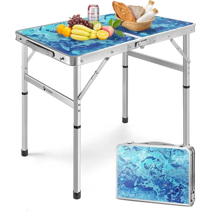 VILLEY Folding Camping Table 2FT, Portable Small Picnic Table with Adjustable Height, Lightweight Aluminum Foldable Table for Outdoor Indoor BBQ Hiking Beach, Father's Day Gifts