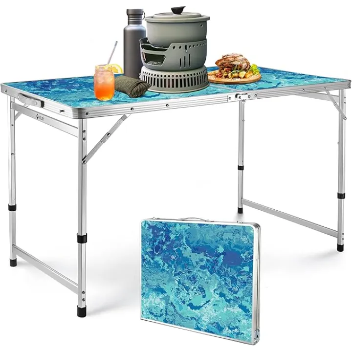 VILLEY Folding Camping Table 4FT, Large Portable Aluminum Table with Adjustable Height, Foldable Lightweight Picnic Table for Camping, BBQ, Outdoor & Indoor Activities, Father's Day Gifts