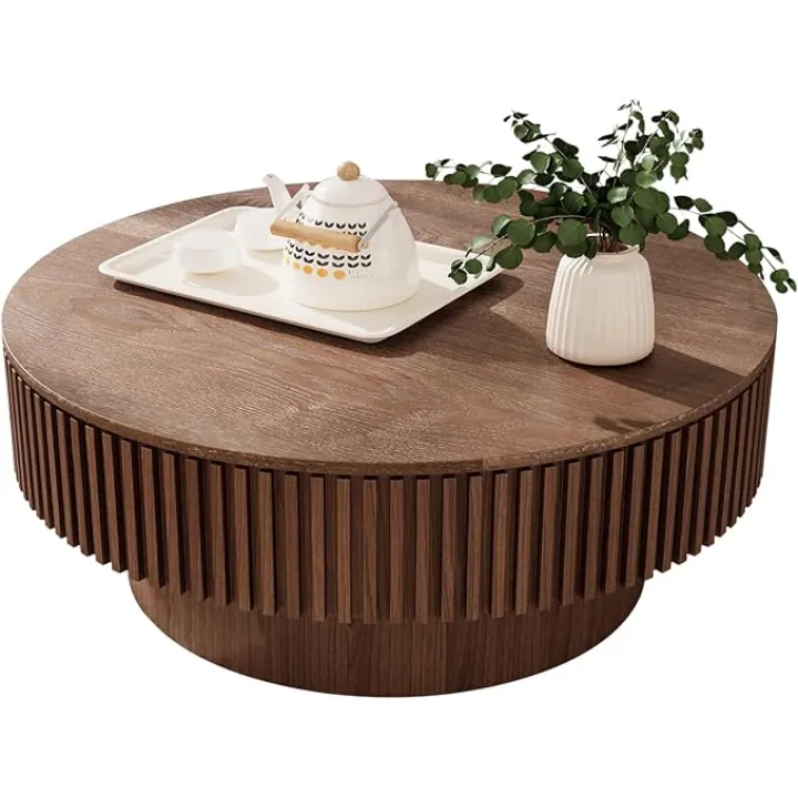 31.5'' Round Coffee Table for Living Room, Fluted Coffee Table with Hidden Storage, Solid Wood Veneered Circle Coffee Table, Modern Coffee Table Tea Table for Small Space Apartment (Walnut)