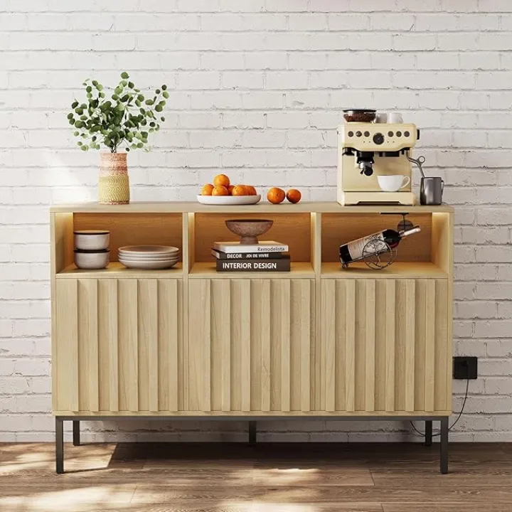 Oak Multifunctional Storage Cabinet with Charging Station, LED Light, 15"D x 47.2"W x 31.4"H, Beige, Ideal for Kitchen, Entryway, Office