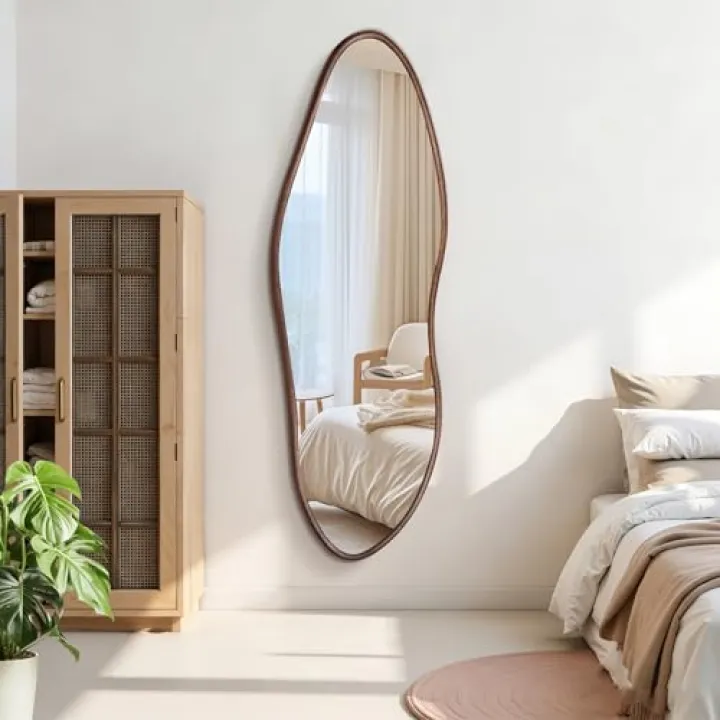EssOAKence Irregular Full Length Mirror 64"x21", Cloud-Shaped Design with Rounded Oak Hardwood Frame in Black Walnut, Asymmetrical Wall Mirror for Bedroom,Living Room,Cloakroom,Horizontal/Vertical