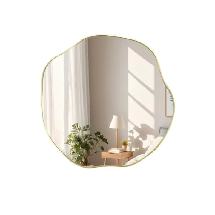 POZINO Irregular Shaped Mirror, 16" Asymmetrical Mirror, Gold Scalloped Rounded Mirrors, Modern Frameless Abstract Mirrors for Living Room Bedroom Bathroom Entryway Fireplace Hallway